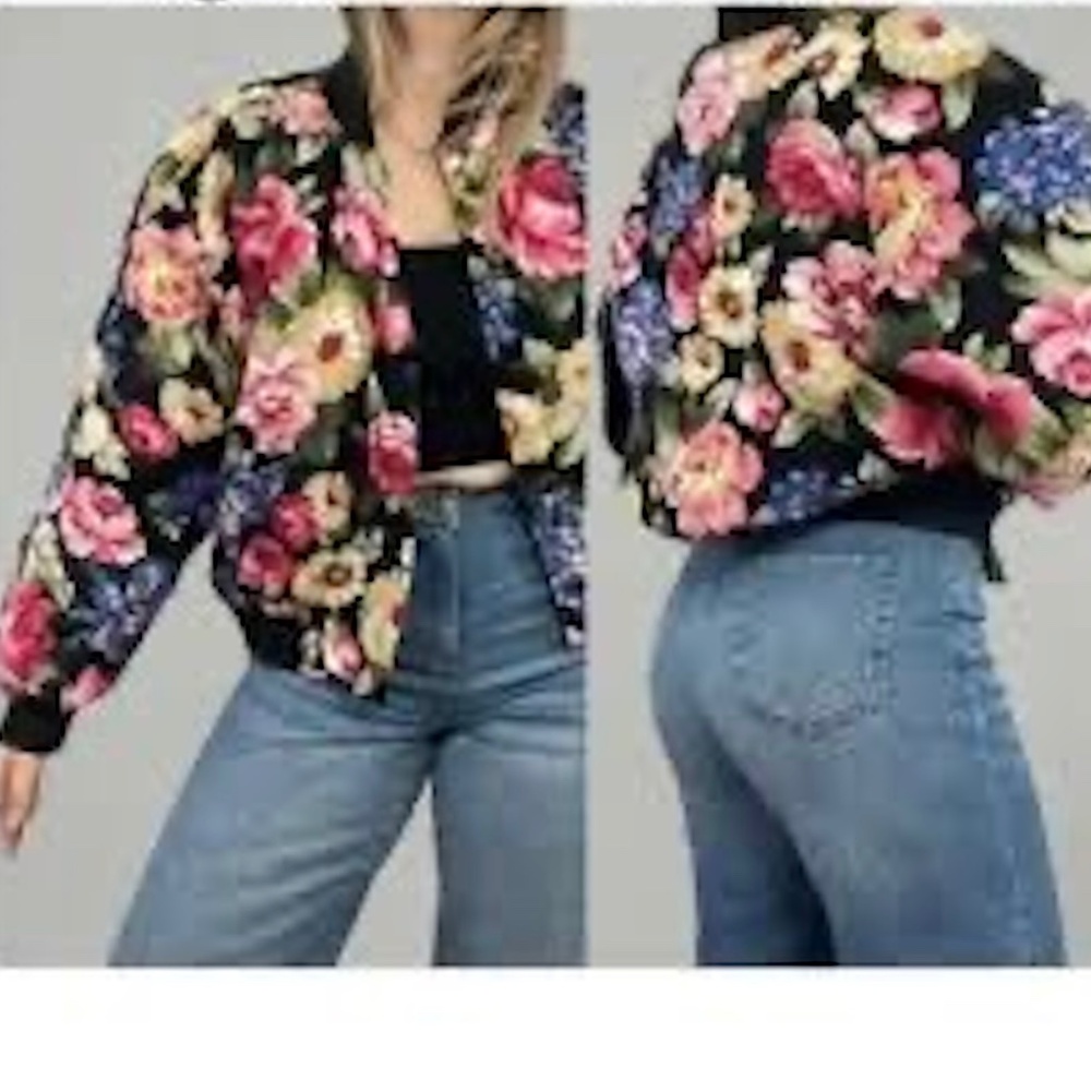 Liz Claiborne Lizwear Bomber Jacket Size Medium Floral‎ Puff Rayon